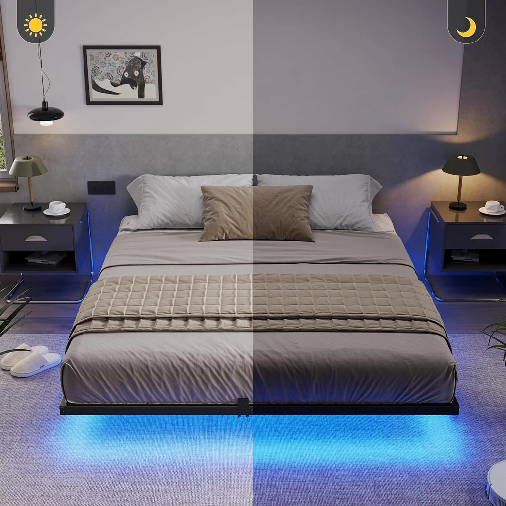King Size LED Lights Linen Fabric Platform Bed H386299