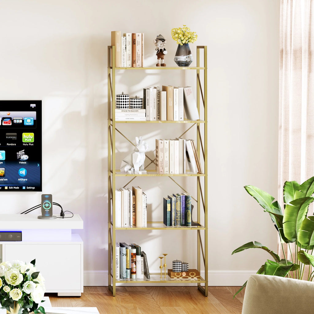 5-Tier Gold Bookshelf with Metal Frame F235