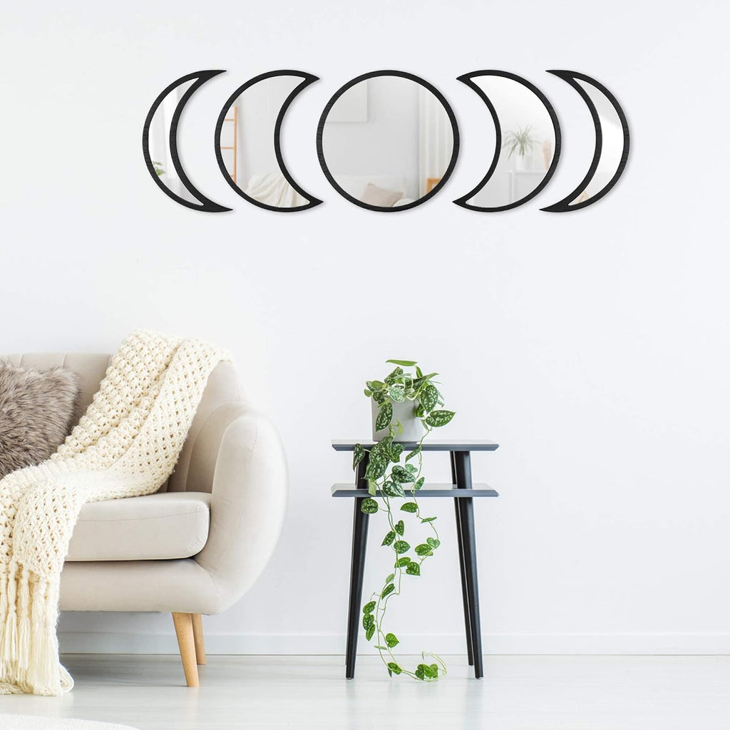 Scandinavian Moon Phase Mirror Set Glass Wood Frame L7774