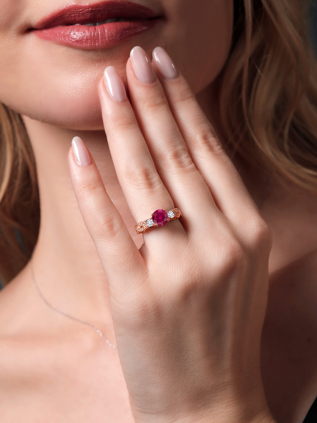 18K Rose Gold Plated Silver Red Created Ruby White Lab Grown Diamond and White Moissanite Engagement Ring V693266