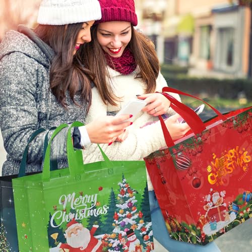 12 PCS Assorted Sizes Reusable Non-Woven Christmas Tote Bags with Handles I8416