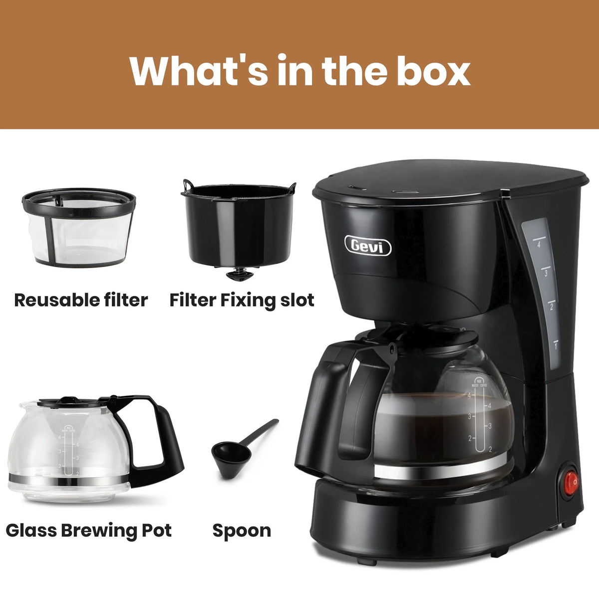 4 Cup Black Drip Coffee Maker with Reusable Filter F742