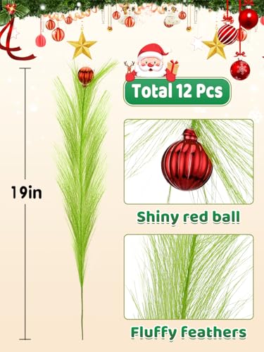 8Pcs Lime Green Fluffy Curly Christmas Tree Picks Decorations with Red Ball V21474