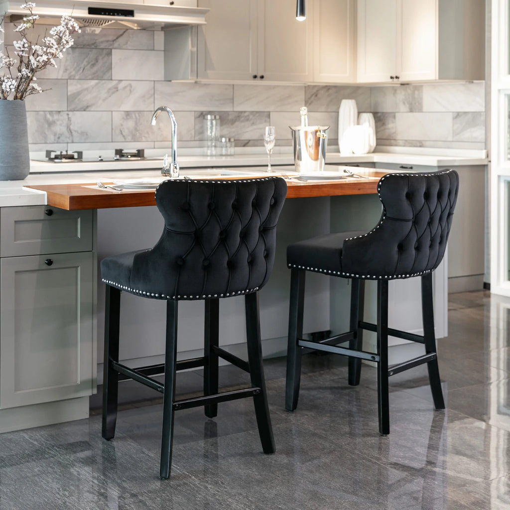 Black Velvet Button Tufted Bar Chairs with Wood Legs, Set of 2 I420108