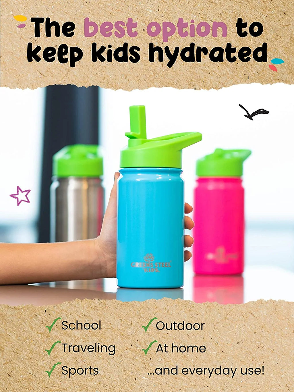 12oz Orange Insulated Double Wall Stainless Steel Kids Water Bottle with Straw I608