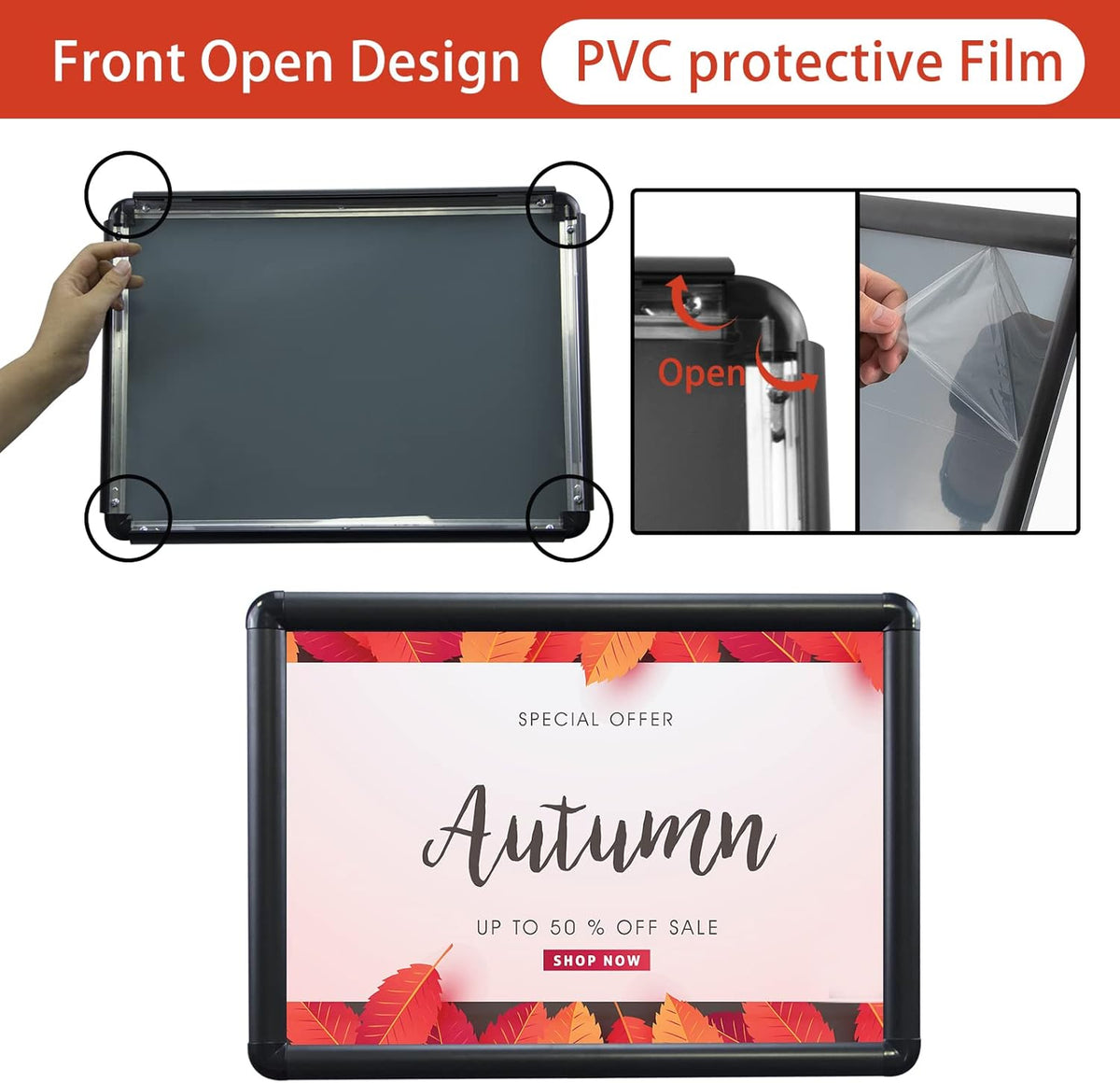 Adjustable Aluminum Snap Open Floor Sign Stand 8.5x11 Inches Black 6 Pack M103