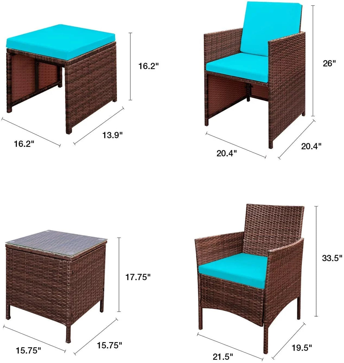 7 Pieces Patio Furniture Set Cushioned Wicker Chairs with Ottoman and Glass Table Z72967