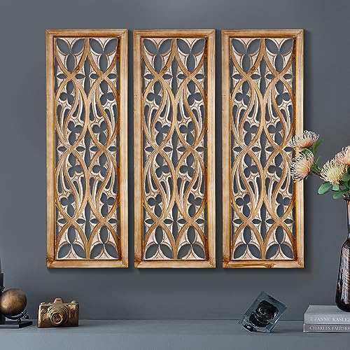 Carved Wood Wall Art Decor, Floral Design Panel, 33.1 x 14.6 inches (2 Panels) J4988