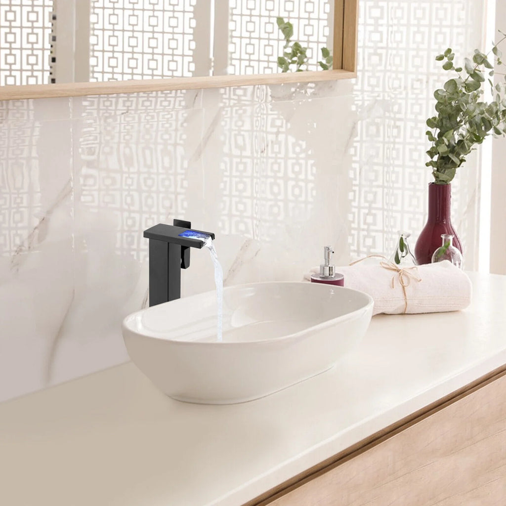 Waterfall Single-Handle Vessel Sink Faucet with LED Light T18613