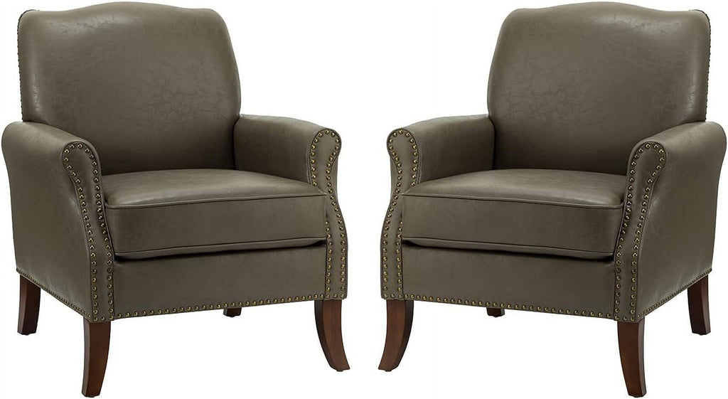 Grey Faux Leather Accent Armchair Set Of 2 with Solid Wood Legs K400928
