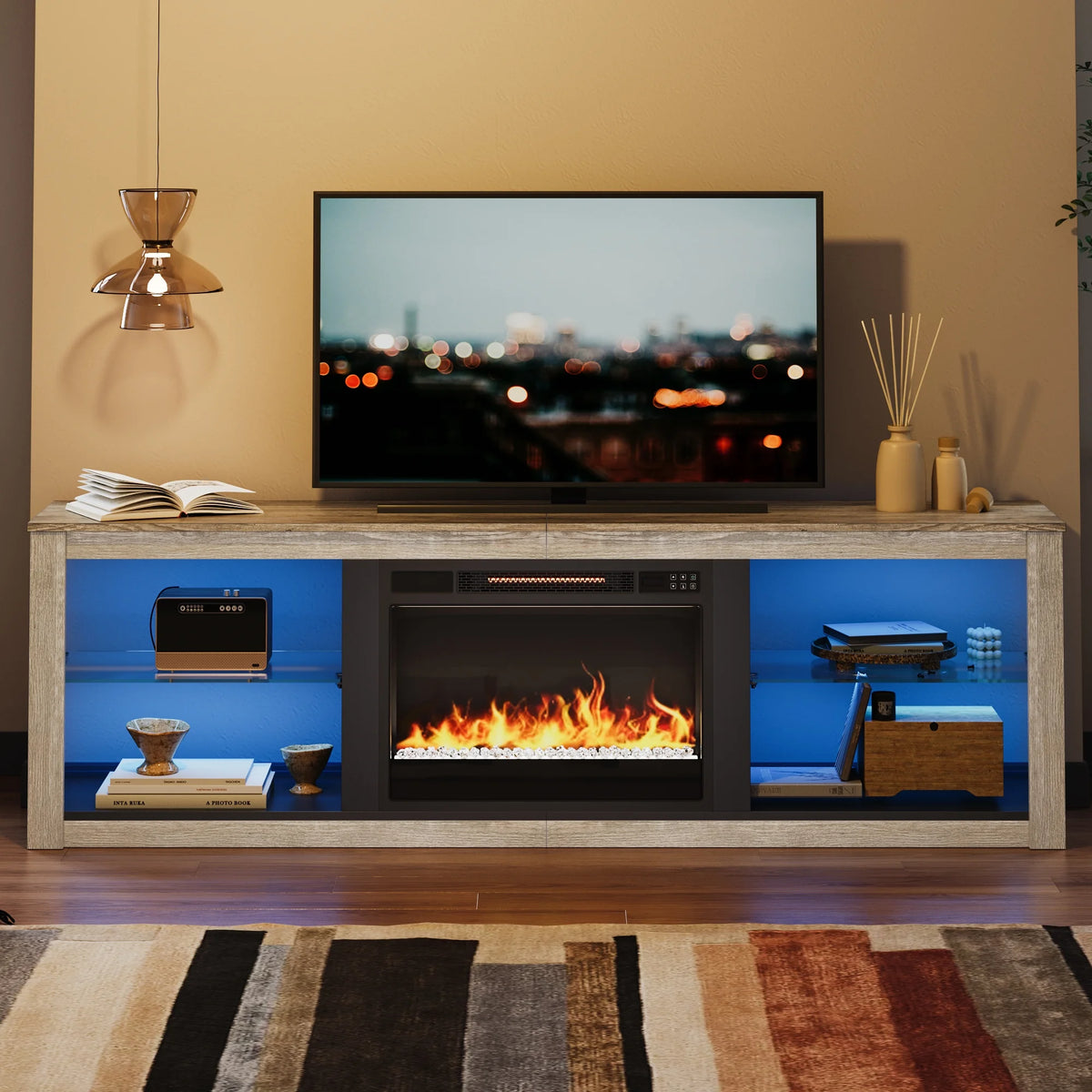 Wash White+Grey Electric Fireplace TV Stand L25849