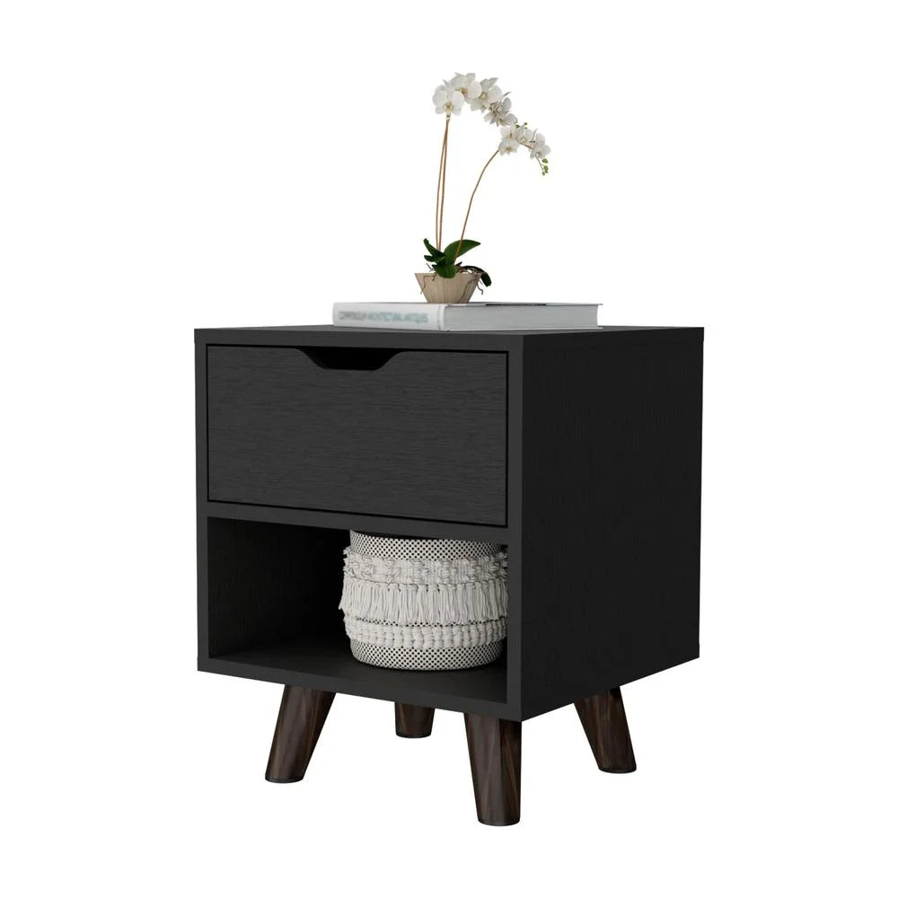 Black Nightstand with Drawer and Open Shelf V351