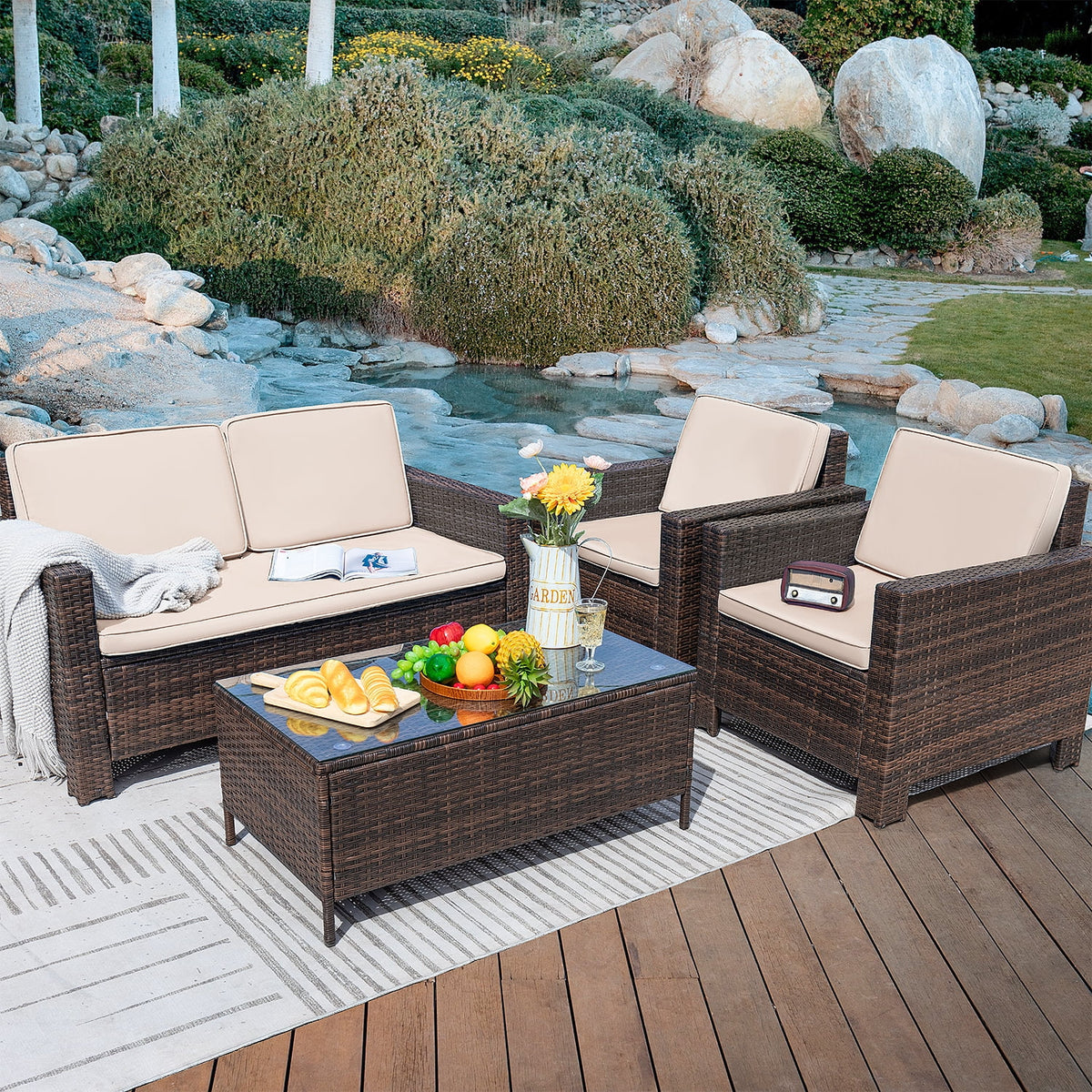 4 Pieces Rattan Wicker Patio Conversation Sofa Set G349