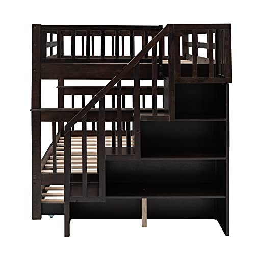 Full Over Full Wood Bunk Bed with Twin Trundle and Stairs, White Y689