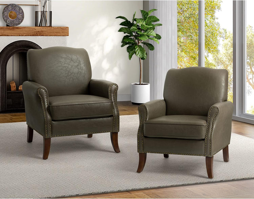 Grey Faux Leather Accent Armchair Set Of 2 with Solid Wood Legs K400928