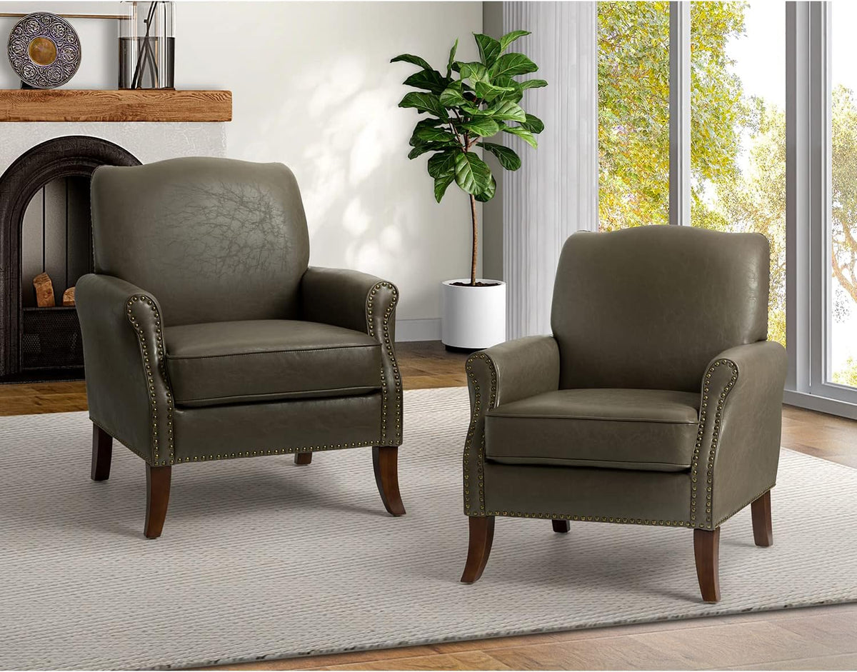 Grey Faux Leather Accent Armchair Set Of 2 with Solid Wood Legs K400928