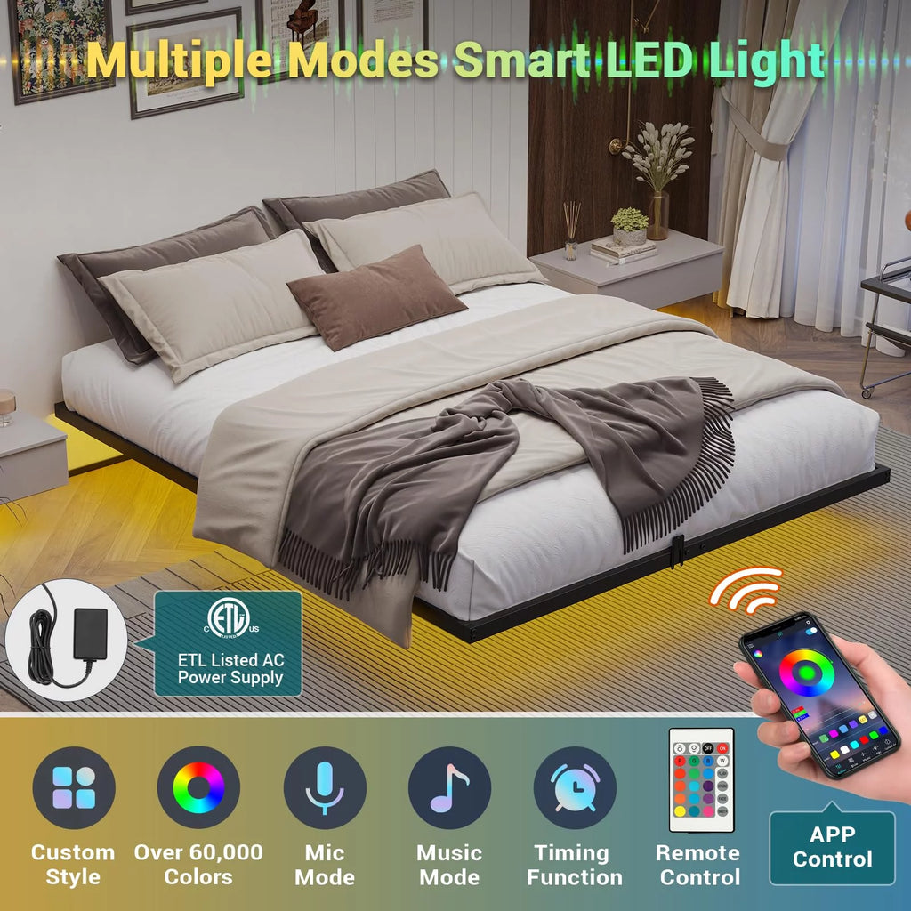 King Size LED Lights Linen Fabric Platform Bed H386299