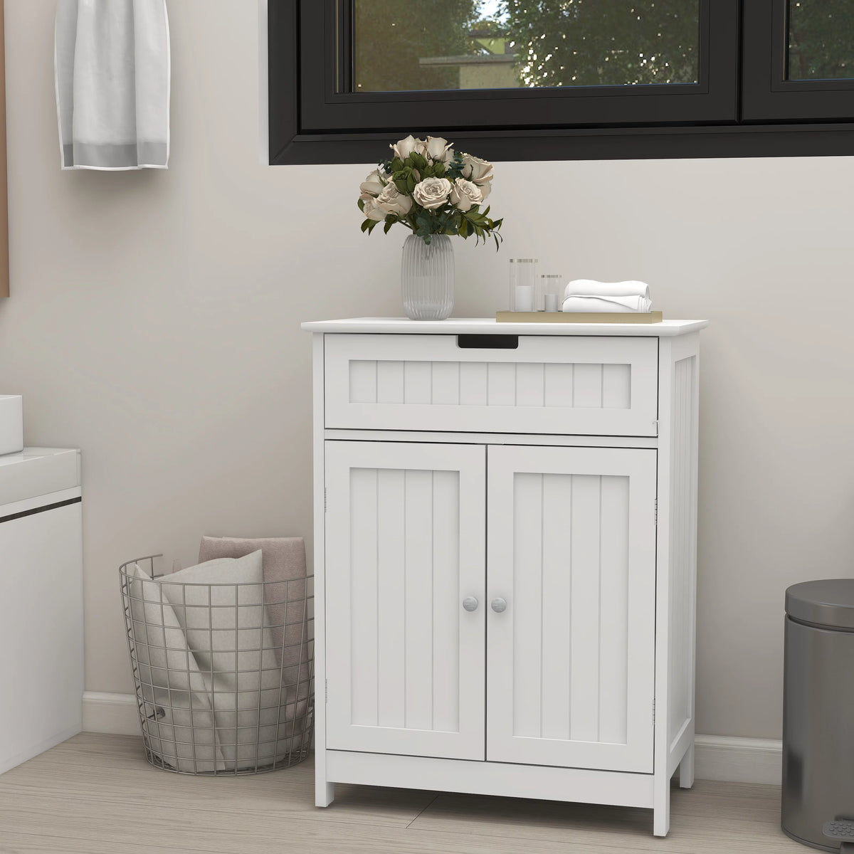 White Wood Bathroom Floor Cabinet 2 Doors 1 Drawer F2092
