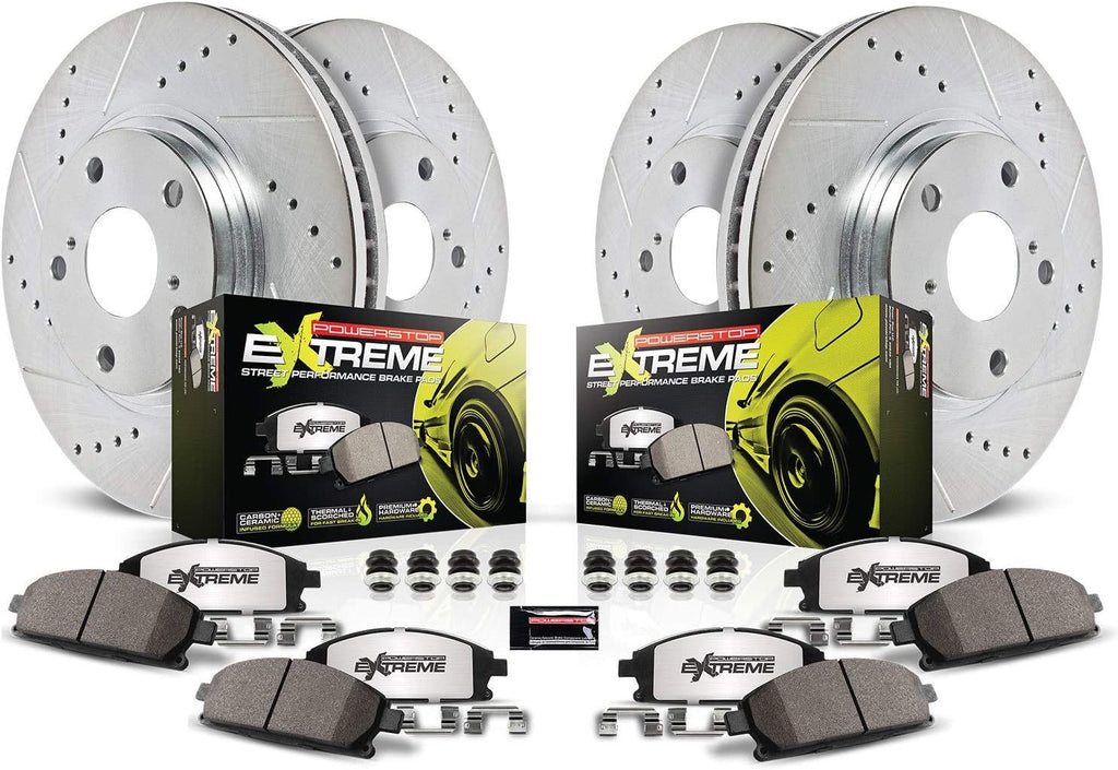 Front and Rear Carbon Fiber Brake Pads with Drilled & Slotted Brake Rotors Kit Z80433