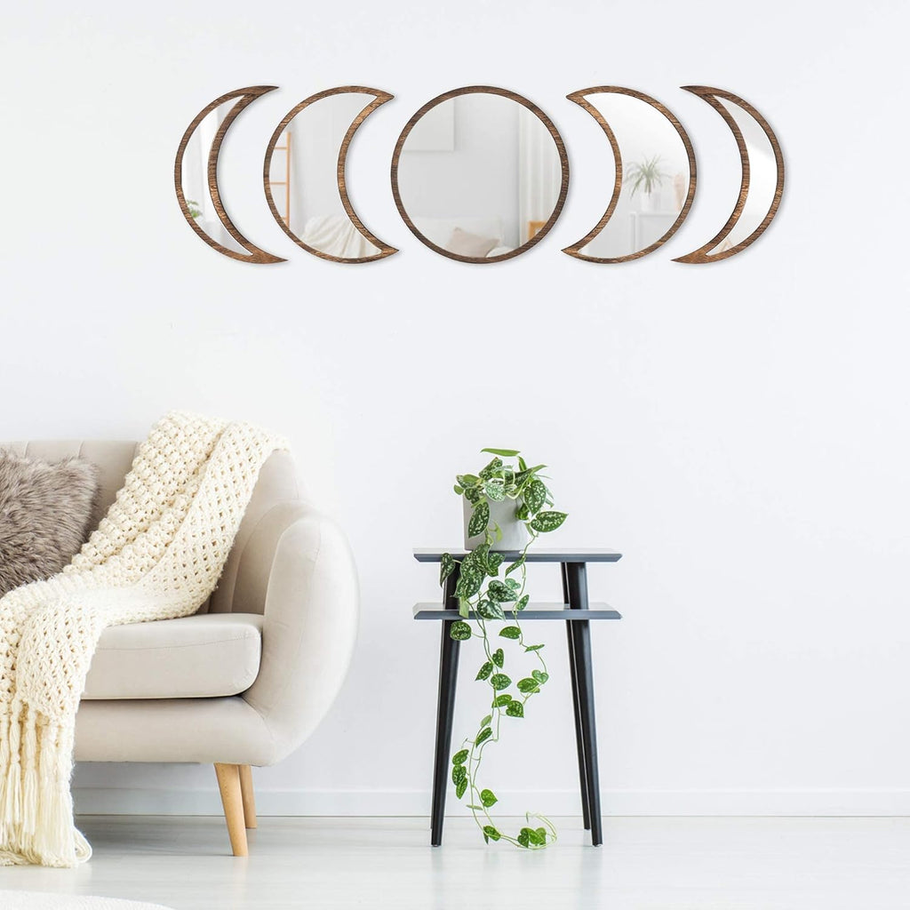 Scandinavian Moon Phase Mirror Set Glass Wood Frame L7774