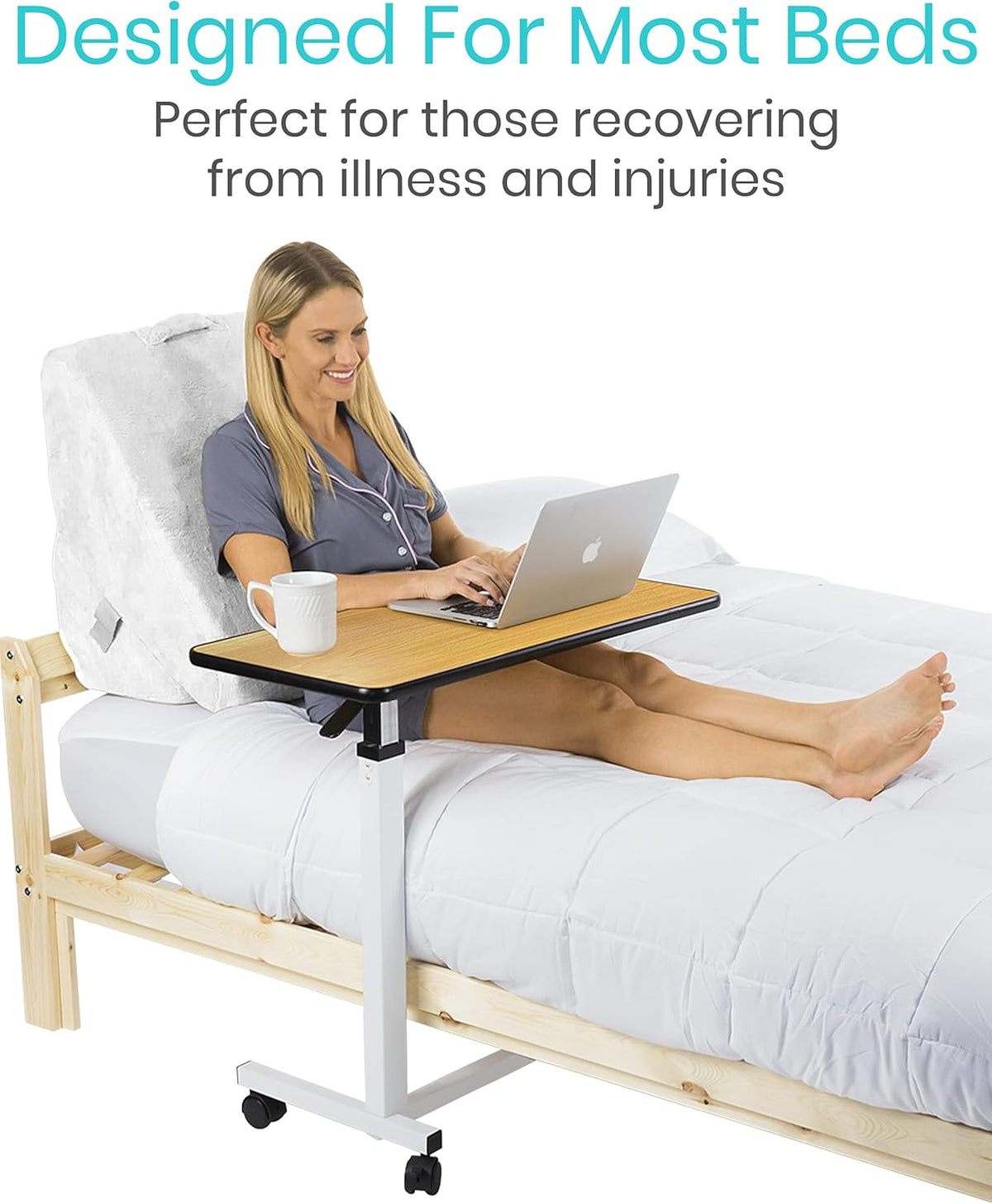 Overbed Table with Swivel Wheel Rolling Tray Adjustable Over Bedside Home Desk A680