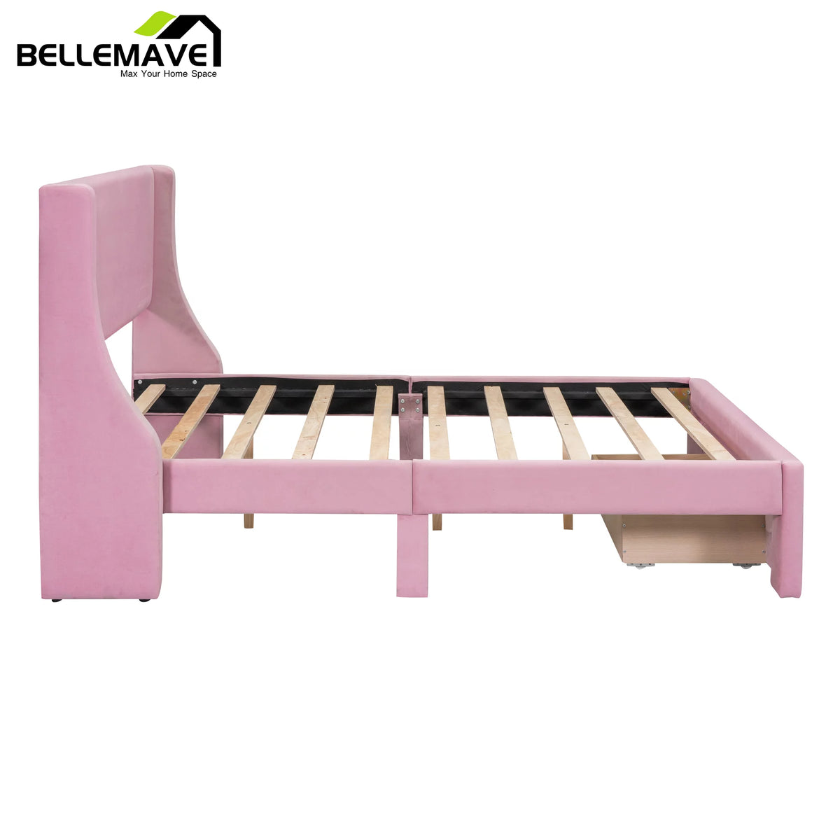 Full Size Pink Velvet Upholstered Platform Bed with Drawer A613