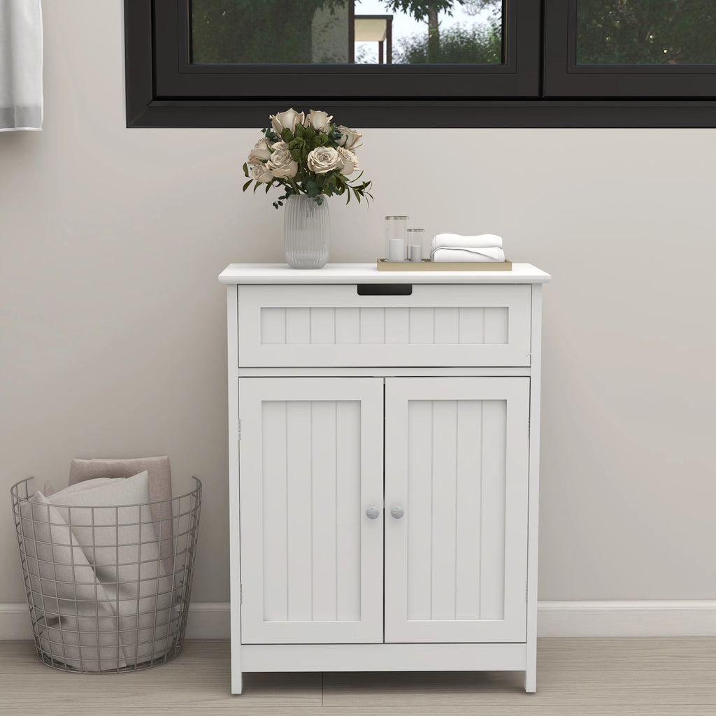 White Wood Bathroom Floor Cabinet 2 Doors 1 Drawer F2092