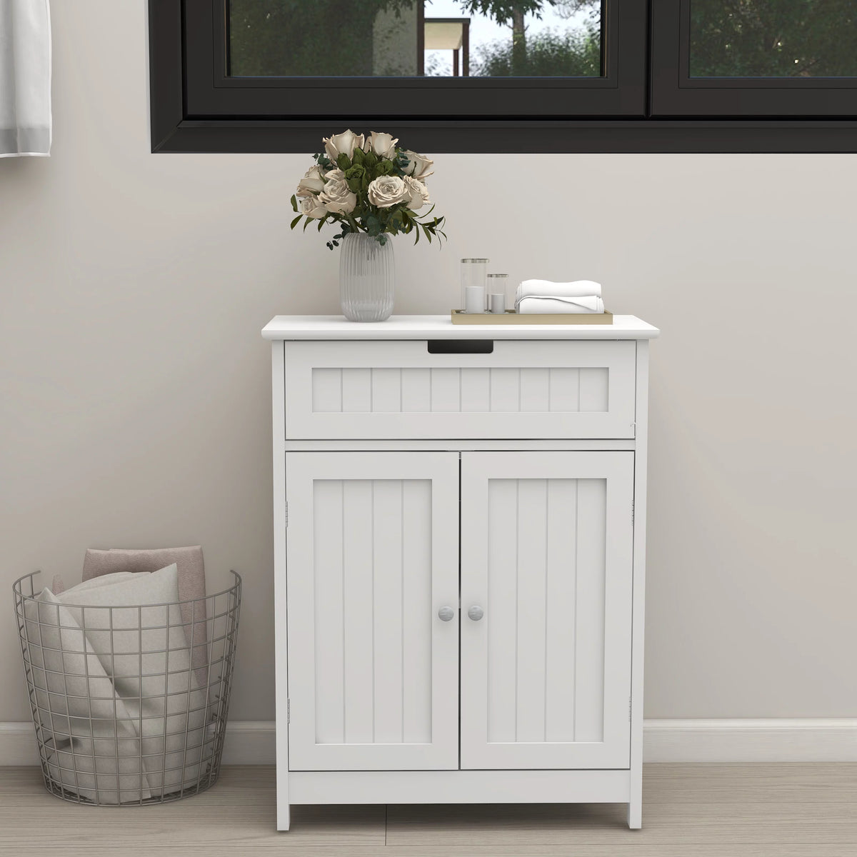 White Wood Bathroom Floor Cabinet 2 Doors 1 Drawer F2092