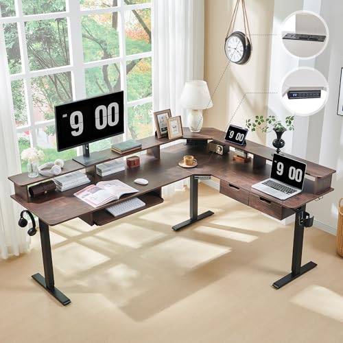 60 Inches L Shaped Electric Standing Desk with Drawers Y65166