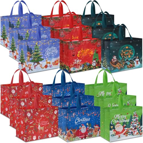 12 PCS Assorted Sizes Reusable Non-Woven Christmas Tote Bags with Handles I8416