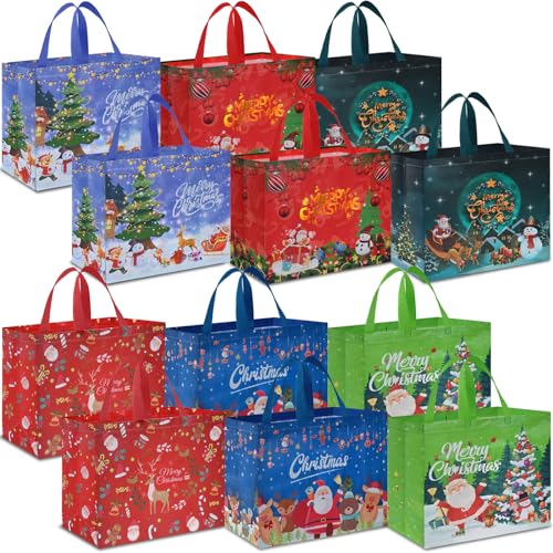 12 PCS Assorted Sizes Reusable Non-Woven Christmas Tote Bags with Handles I8416