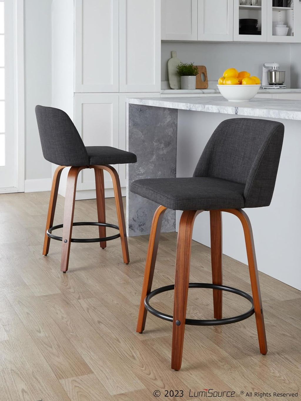 24" Counter Stool With Swivel In Walnut Wood And Charcoal Fabric - Set Of 2 Z693290