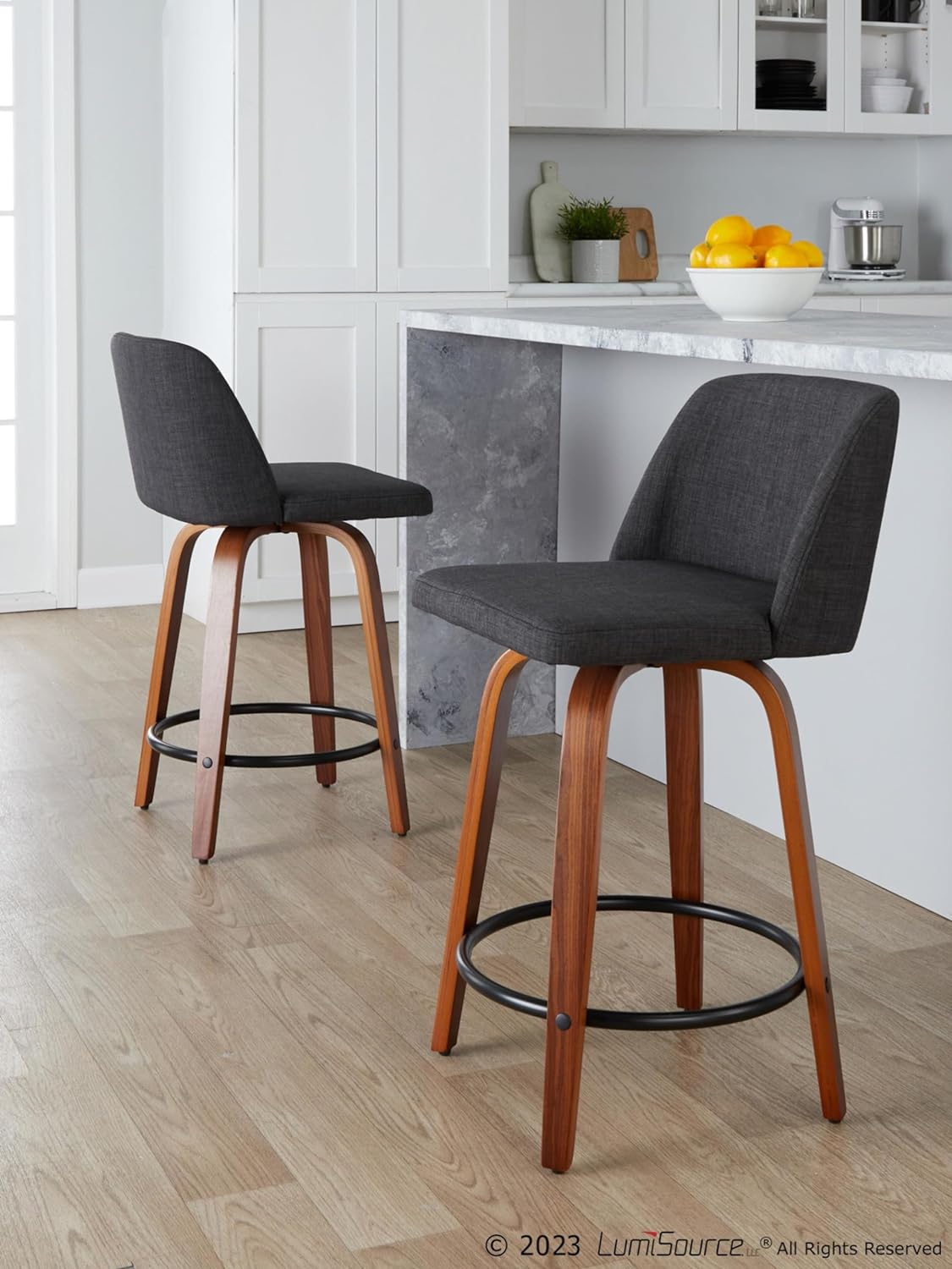 24" Counter Stool With Swivel In Walnut Wood And Charcoal Fabric - Set Of 2 Z693290