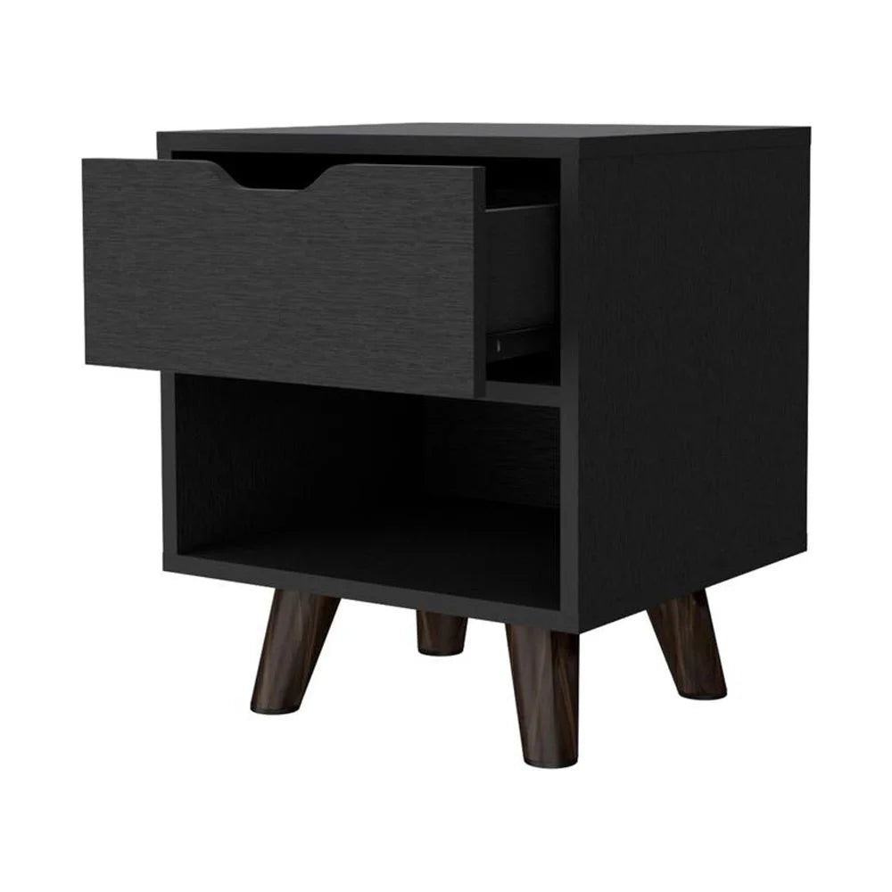 Black Nightstand with Drawer and Open Shelf V351