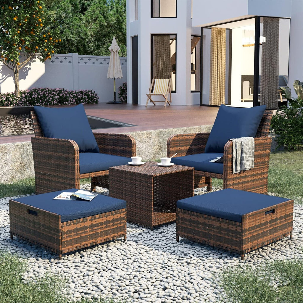 5 Piece Patio Conversation Rattan Chair Set with Storage Coffee Table O910814
