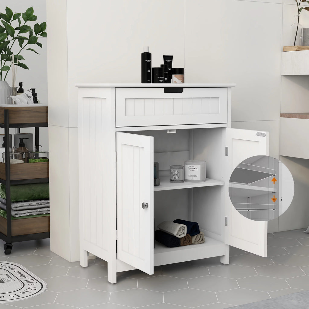 White Wood Bathroom Floor Cabinet 2 Doors 1 Drawer F2092