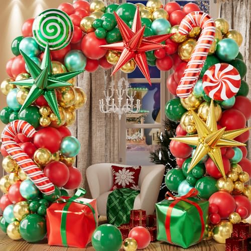 Christmas Balloon Arch Kit, 179PCS Red Green Gold Balloon Garland I45165