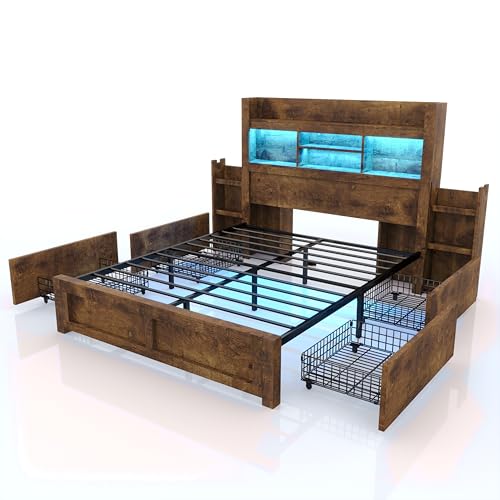 Queen Bed Frame with Bookcase Headboard, 4 Drawers, Charging Station, Rustic Brown B636