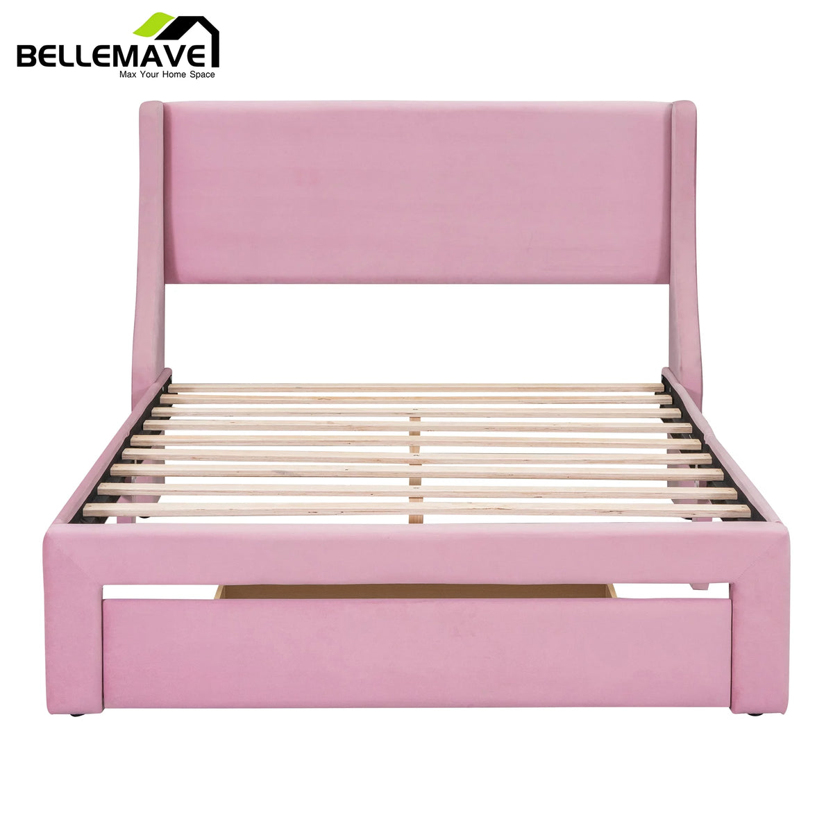 Full Size Pink Velvet Upholstered Platform Bed with Drawer A613
