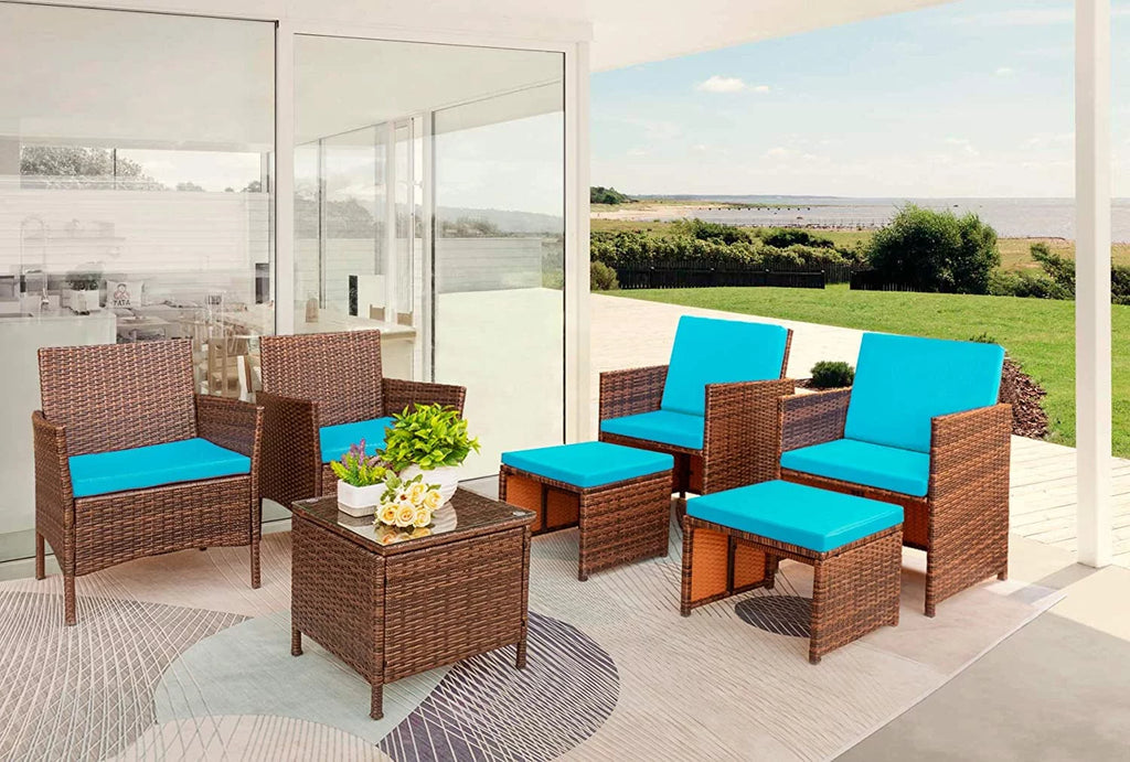 7 Pieces Patio Furniture Set Cushioned Wicker Chairs with Ottoman and Glass Table Z72967