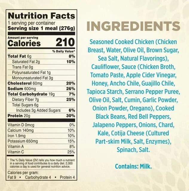 Spicy Black Beans Chicken & Riced Cauliflower Frozen Meal, 9.25 oz Pack of 6 O812756