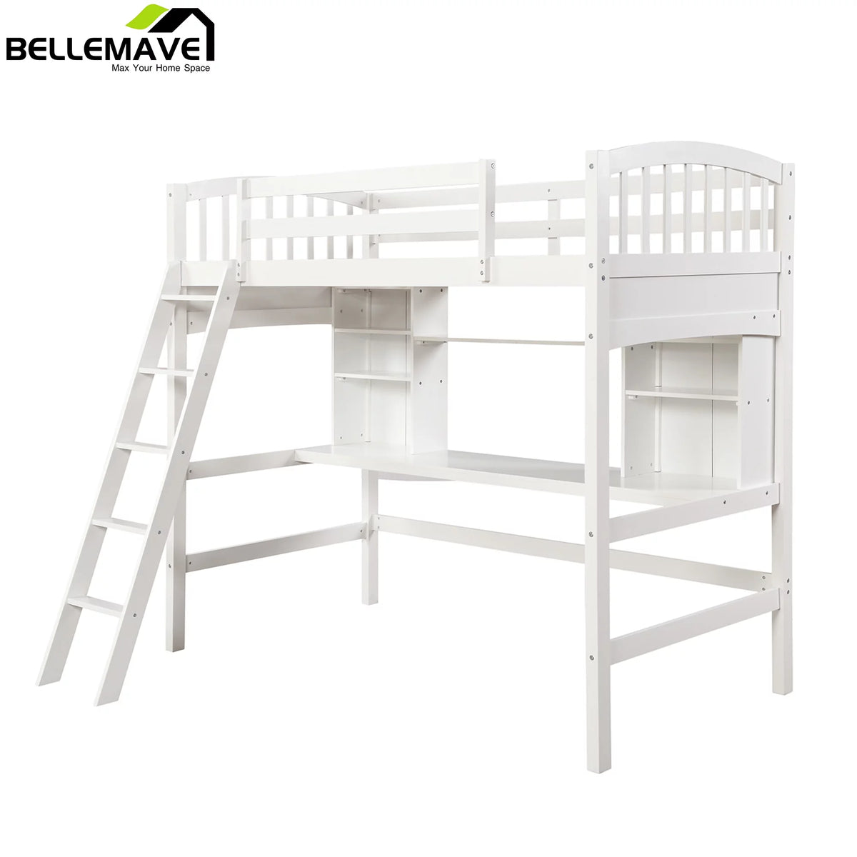 Twin Size High Loft Bed with Storage Shelves, Desk and Ladder Solid Wood Bed Frame with Safety Guardrails White P198