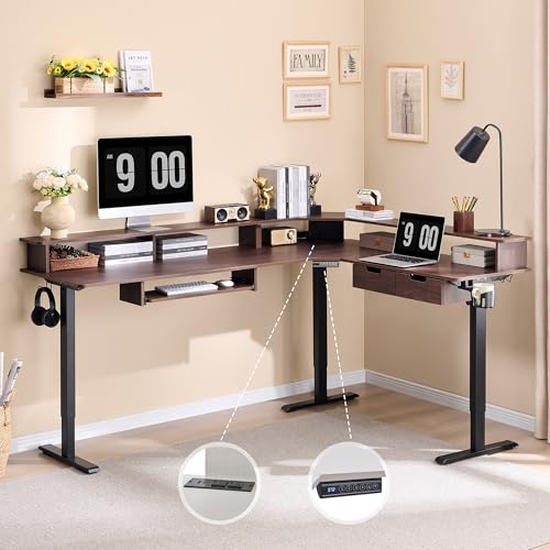 60 Inches L Shaped Electric Standing Desk with Drawers Y65166