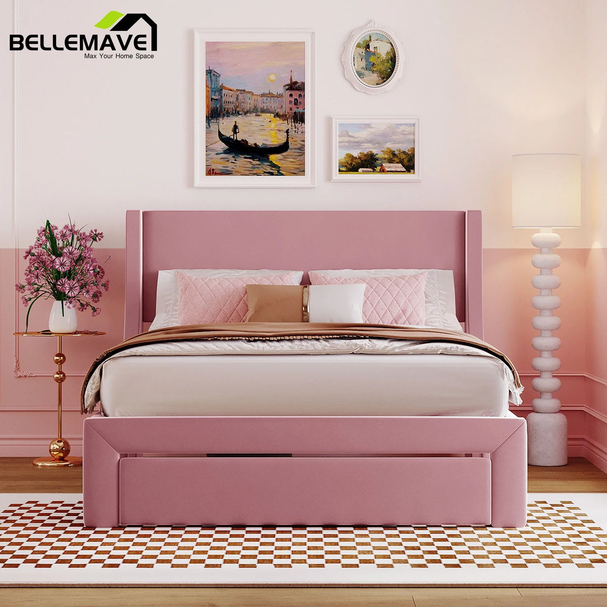 Full Size Pink Velvet Upholstered Platform Bed with Drawer A613