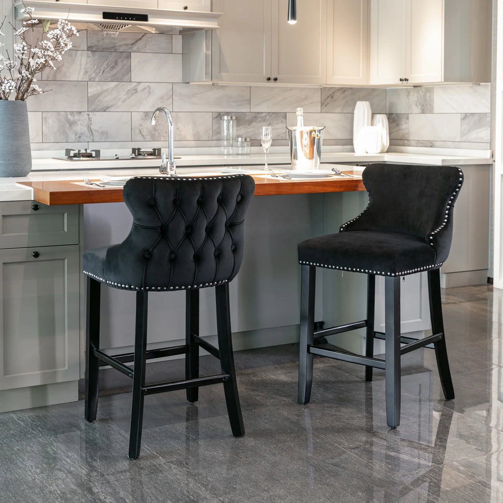 Black Velvet Button Tufted Bar Chairs with Wood Legs, Set of 2 I420108