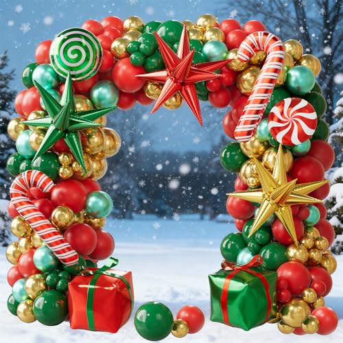 Christmas Balloon Arch Kit, 179PCS Red Green Gold Balloon Garland I45165