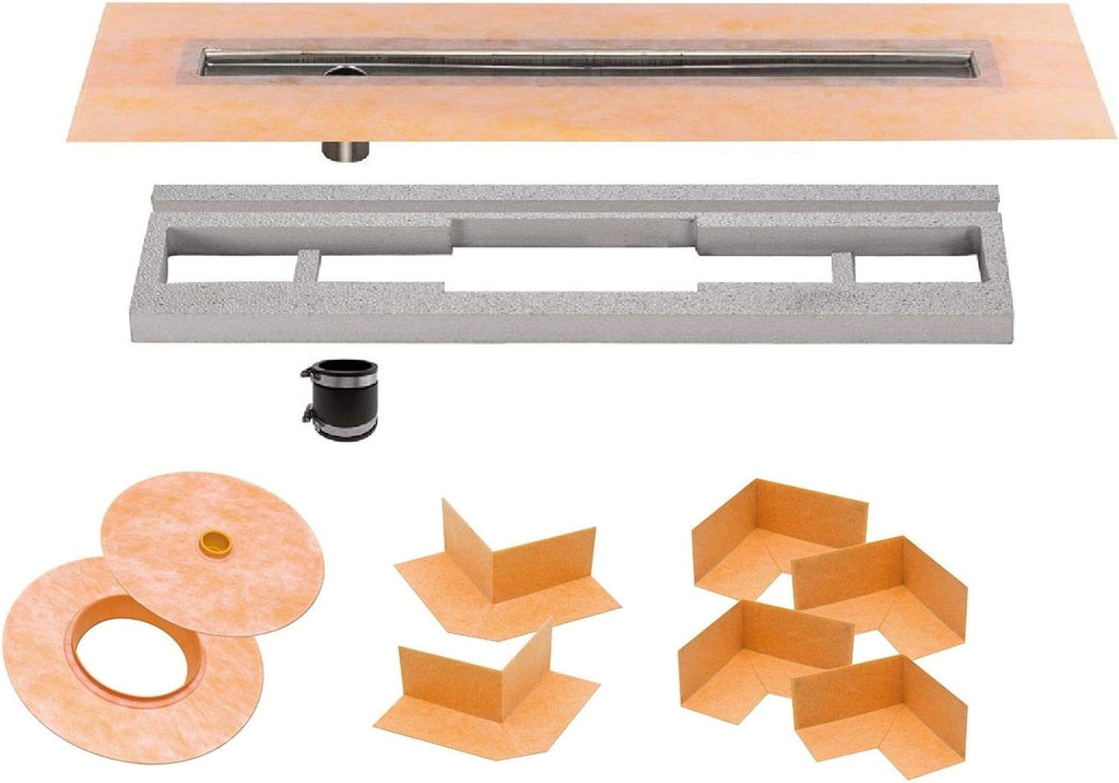 36 x 55 Inch Shower Kit with Offset Drain Outlet and Linear Channel Body with Tileable Grate O4301