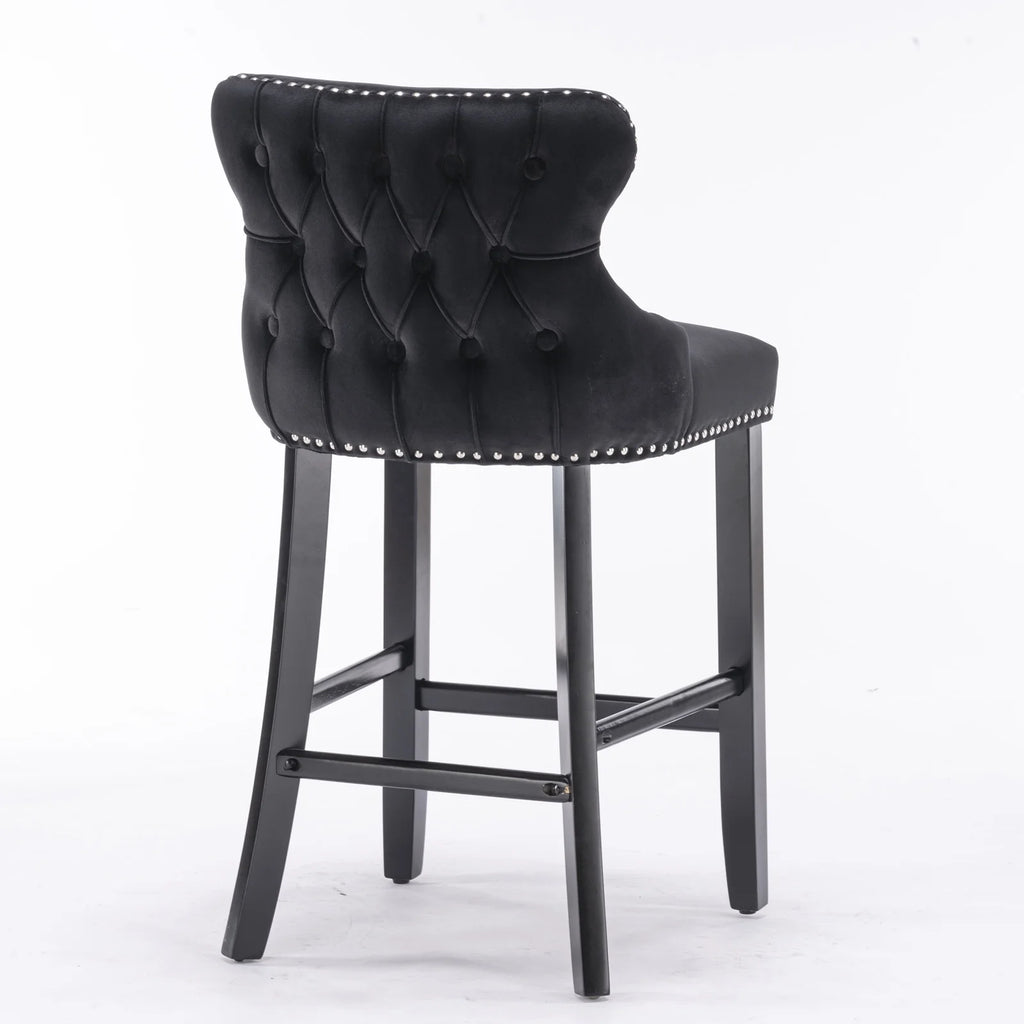 Black Velvet Button Tufted Bar Chairs with Wood Legs, Set of 2 I420108
