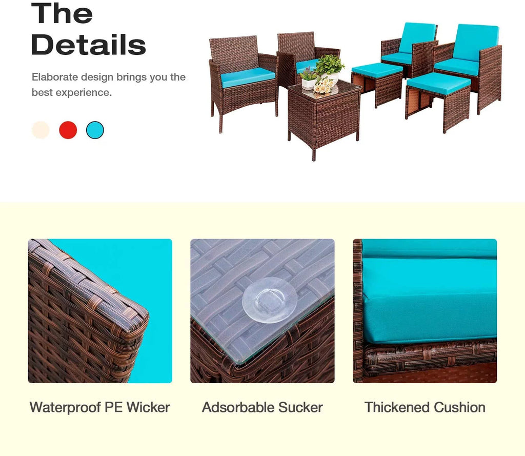 7 Pieces Patio Furniture Set Cushioned Wicker Chairs with Ottoman and Glass Table Z72967