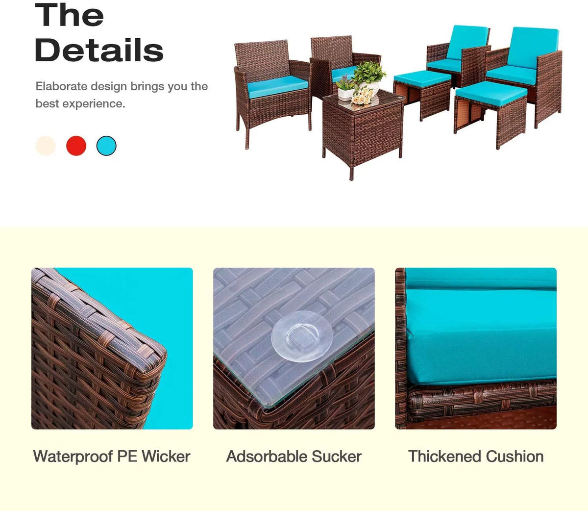 7 Pieces Patio Furniture Set Cushioned Wicker Chairs with Ottoman and Glass Table Z72967